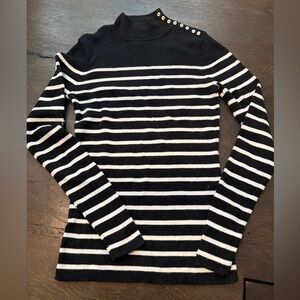 J. McLaughlin Black & White Striped Mock Neck Sweater with Gold Button Detail.